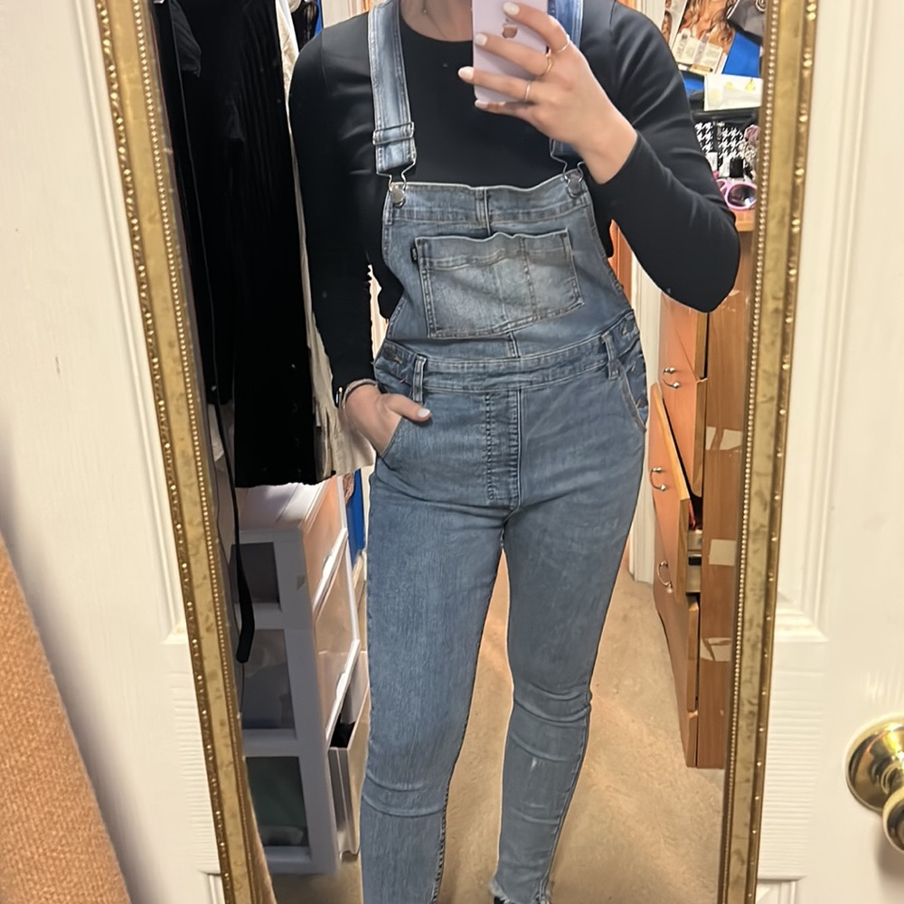 RVCA Blue Denim Fitted Overalls Raw Hem Size 28